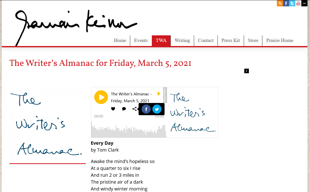 The Writer’s Almanac for Friday, March 5, 2021 | Garrison Keillor
