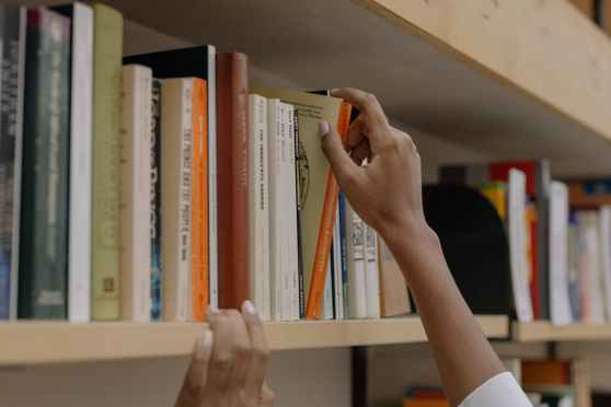 person holding a book on wooden shelf