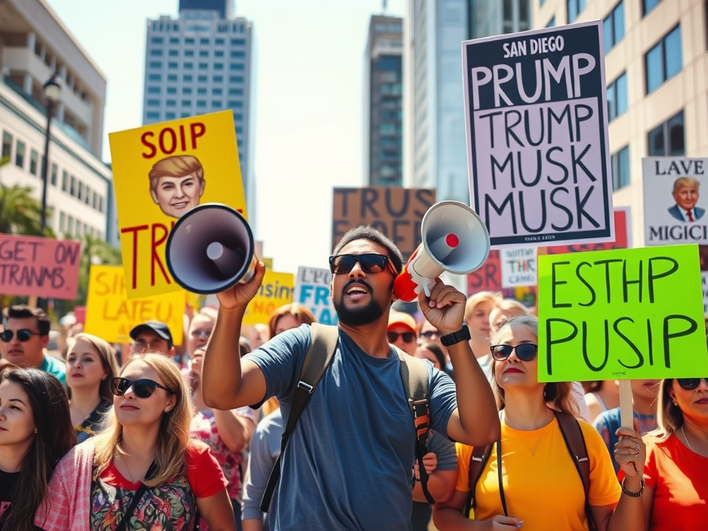 Peaceful protest in downtown San Diego focuses on Donald Trump, Elon Musk