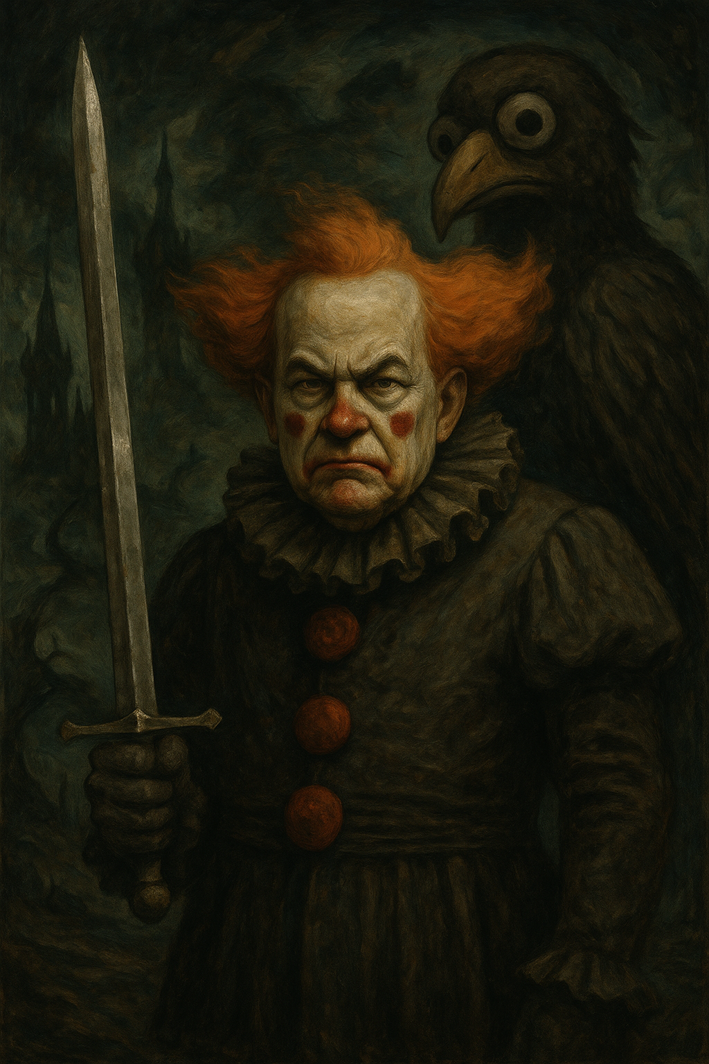 Evil clown president Trump before Big Bird with a sword